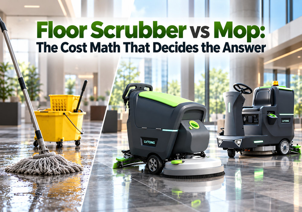 Floor Scrubber vs Mop: The Cost Math That Decides the Answer - LVTONG - LVTONG Floor scrubber vs mop cost comparison featuring LVTONG walk-behind and ride-on scrubbers with traditional cleaning equipment