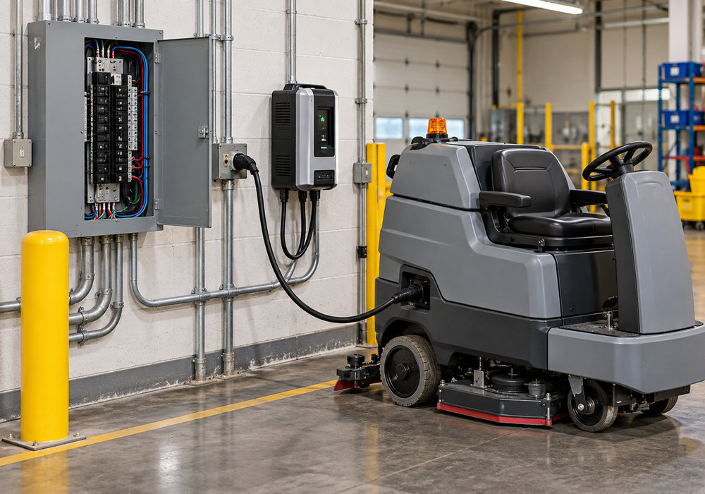 Floor Scrubber Charging Bay and Electrical Circuit Requirements - LVTONG Gray ride-on floor scrubber charging beside a wall-mounted battery charger and industrial electrical circuit panel