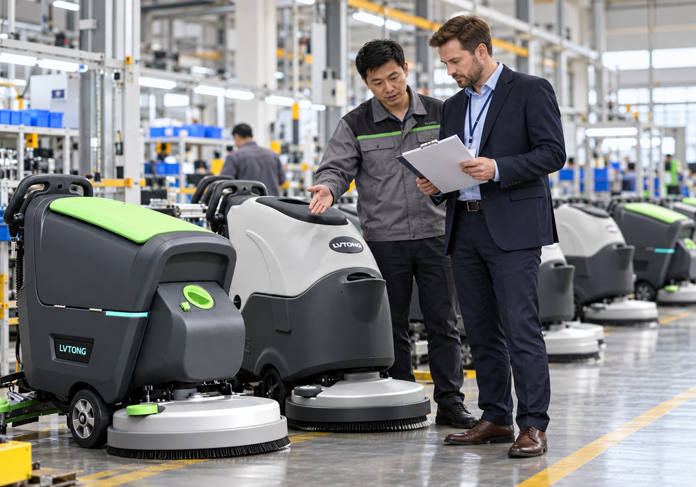 Floor Scrubber Manufacturer Factory Audit and Supplier Evaluation - LVTONG Industrial equipment buyer reviewing an inspection checklist with a technician beside LVTONG floor scrubbers