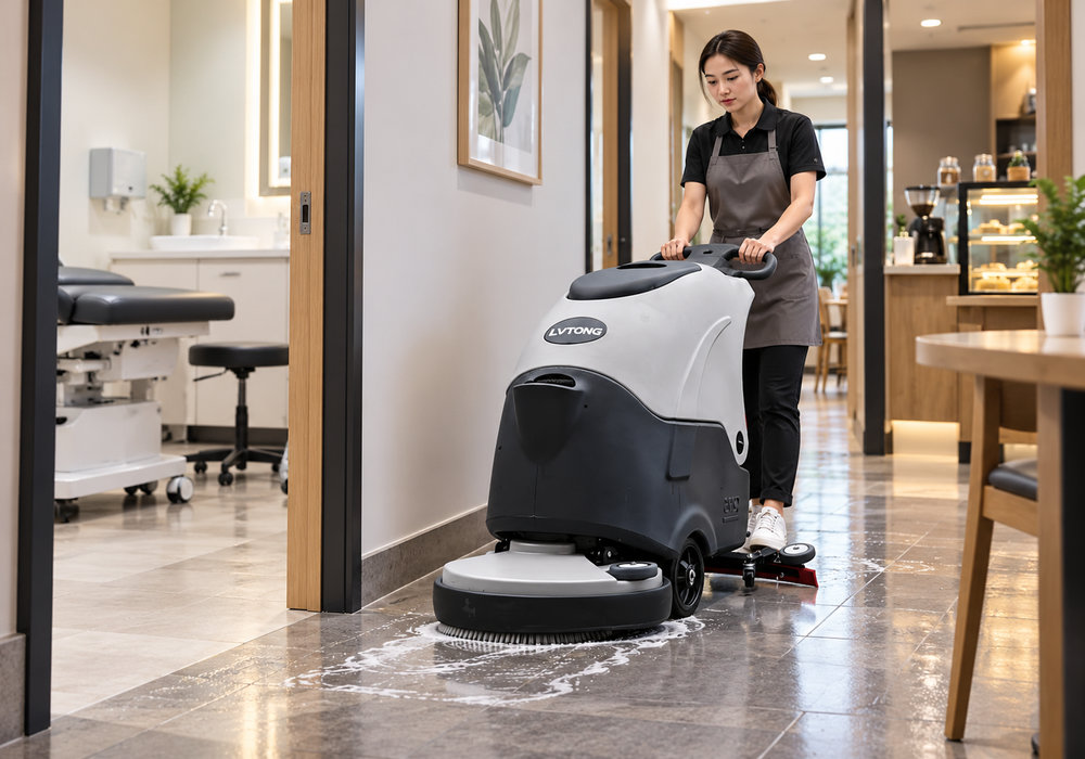 LVTONG Compact Push Floor Scrubber for Small Commercial Spaces - LVTONG LVTONG compact push floor scrubber cleaning a narrow corridor between small commercial rooms