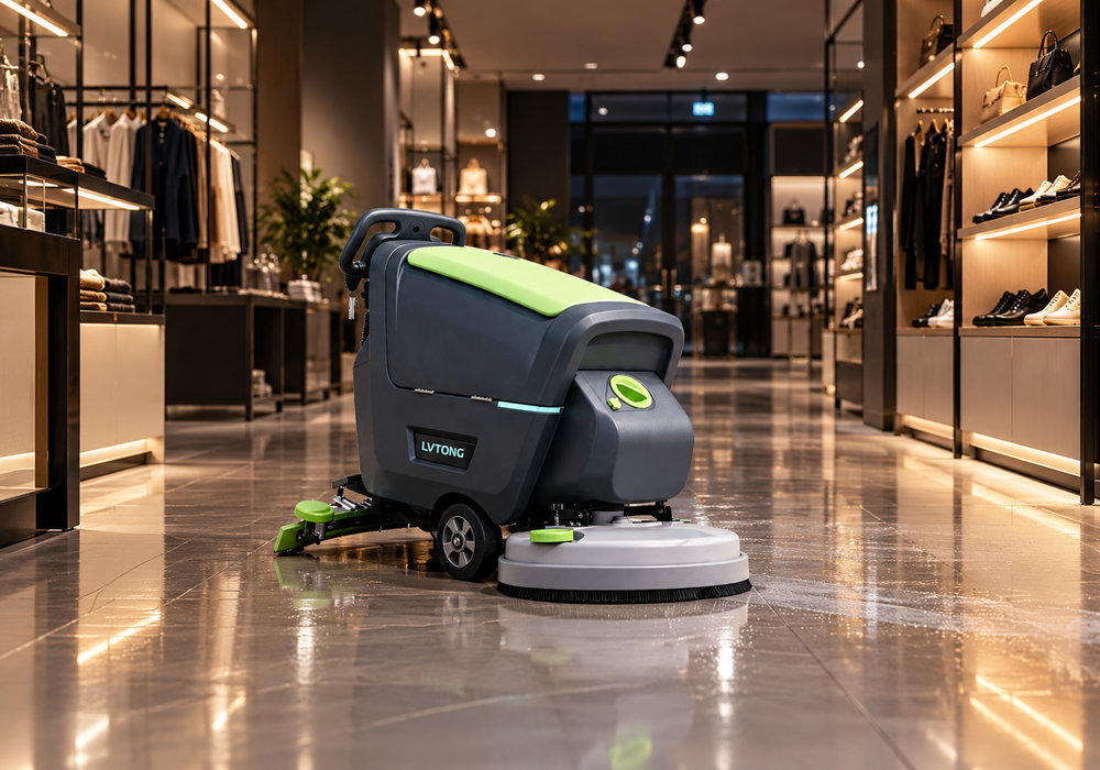 LVTONG Small Floor Scrubber for Retail Store Cleaning - LVTONG LVTONG compact walk-behind floor scrubber in a retail store aisle after closing hours