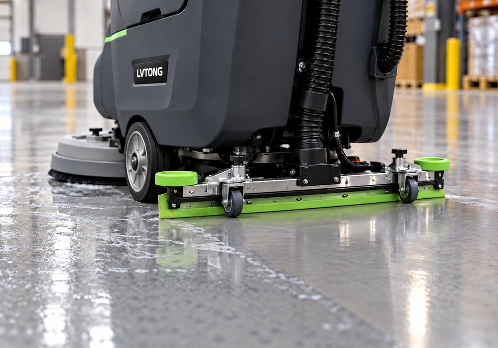 Low Pressure, Clean Pad and Full Recovery Protect the Coating - LVTONG LVTONG epoxy floor cleaning machine recovering moisture with its rear squeegee