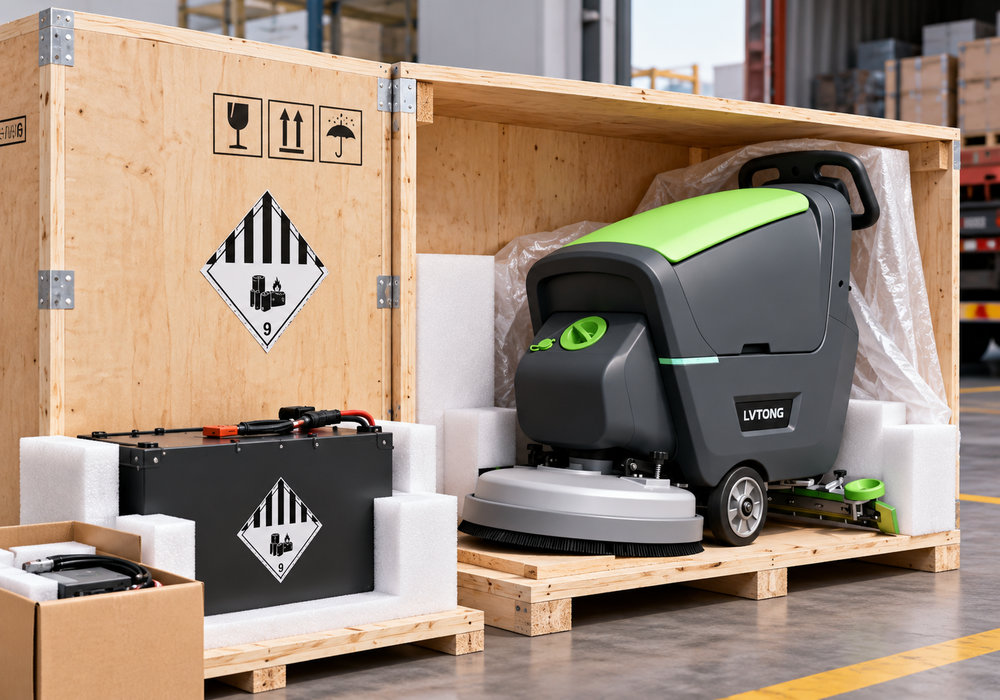 Lithium Battery Shipping Labels and Floor Scrubber Export Packaging - LVTONG LVTONG floor scrubber and lithium battery pack protected inside a wooden export crate with battery hazard labels