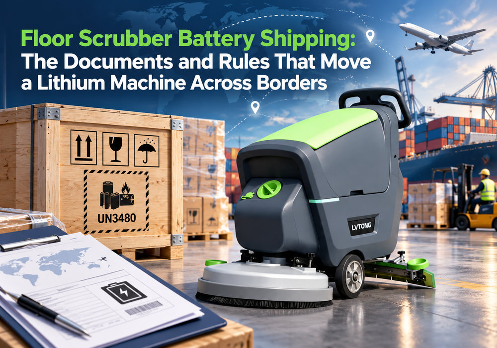 Floor Scrubber Battery Shipping: The Documents and Rules That Move a Lithium Machine Across Borders - LVTONG - LVTONG LVTONG floor scrubber beside a lithium battery shipping crate and freight documents at an international container port
