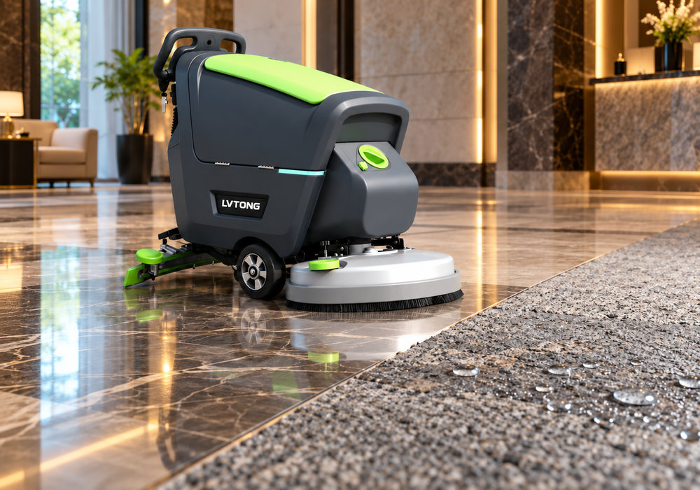 Polished Marble vs Textured Stone Floor Cleaning Comparison - LVTONG LVTONG floor scrubber beside polished marble and textured stone surfaces with water drop