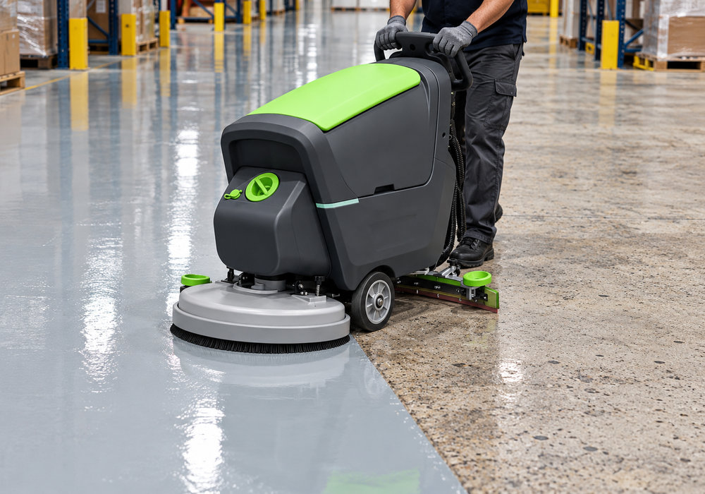 Route the Machine, Don’t Compromise the Pad, on Mixed Floors - LVTONG LVTONG floor scrubber crossing the transition between coated epoxy and uncoated concrete