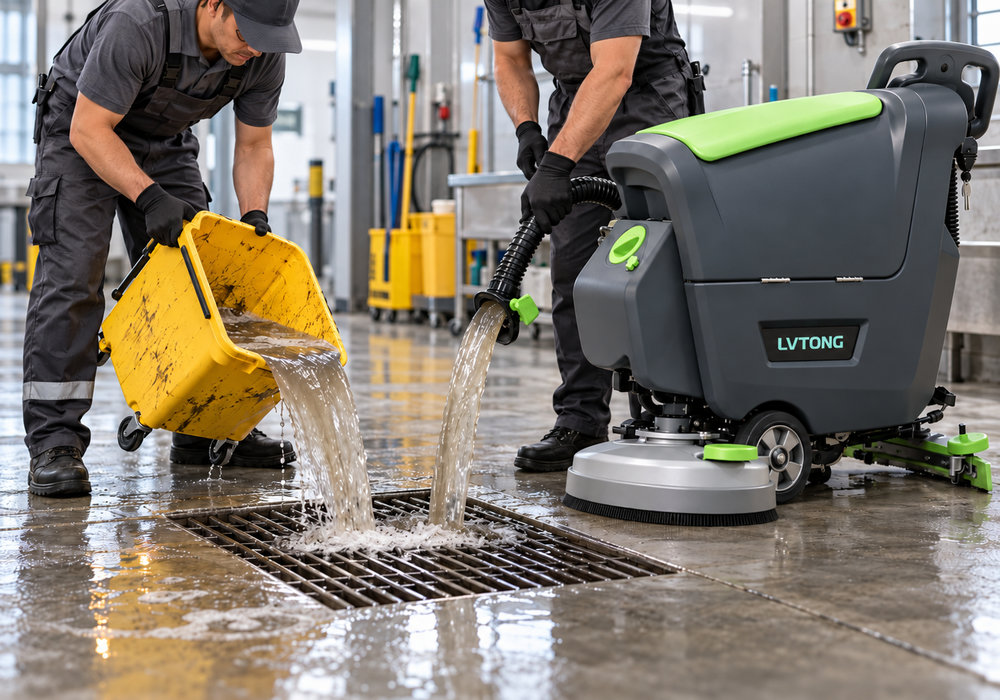 Évacuation des eaux usées des autolaveuses vs seau à serpillière | LVTONG - LVTONG Le réservoir d'eaux usées d'une autolaveuse LVTONG et un seau à serpillière traditionnel sont vidés dans une canalisation de sol commerciale.