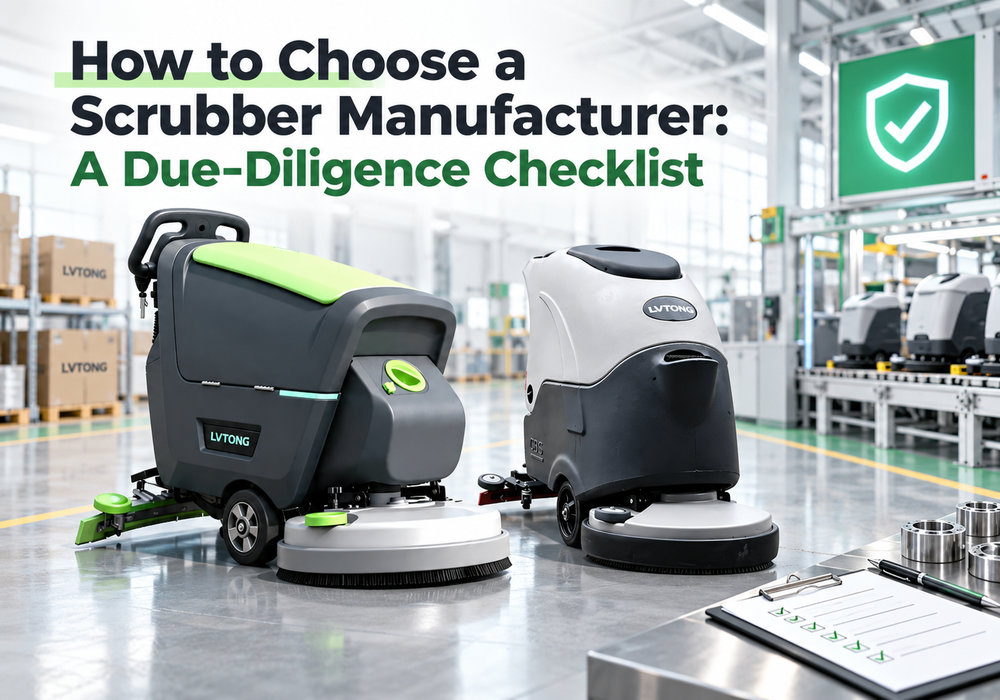 How to Choose a Scrubber Manufacturer: A Due-Diligence Checklist - LVTONG - LVTONG LVTONG floor scrubbers in a manufacturing facility featured on a scrubber manufacturer due diligence checklist poster