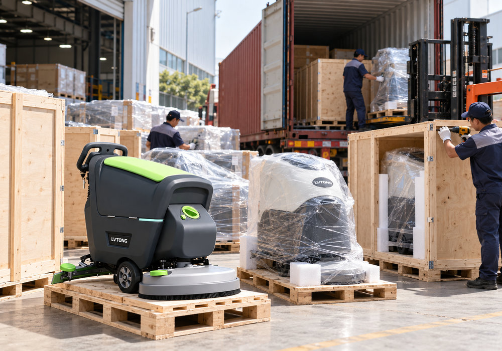 LVTONG Floor Scrubber Export Packaging and Shipping Preparation - LVTONG LVTONG floor scrubbers on wooden pallets beside export crates and a shipping container during warehouse loading
