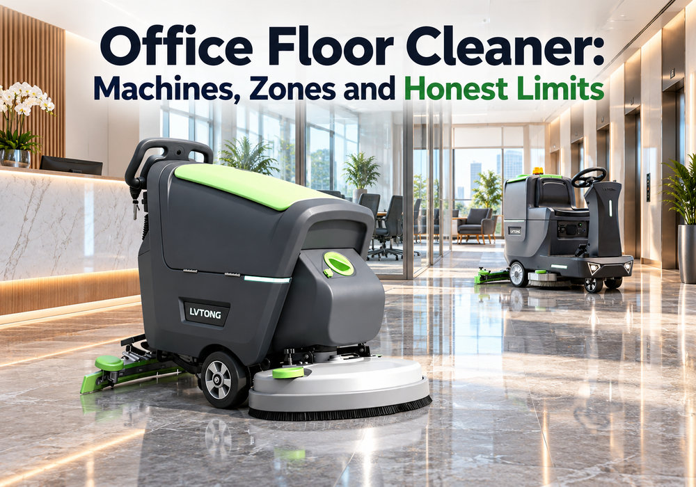 Office Floor Cleaner Machines, Zones and Honest Limits | LVTONG - LVTONG - LVTONG LVTONG office floor cleaner machines in a modern office lobby, showing walk-behind and ride-on floor scrubbers