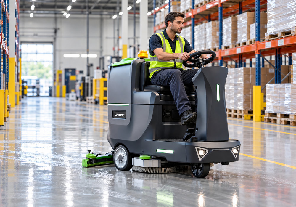Epoxy Floor Cleaning Machine in a Coated Warehouse | LVTONG - LVTONG LVTONG ride-on epoxy floor cleaning machine scrubbing a coated warehouse aisle