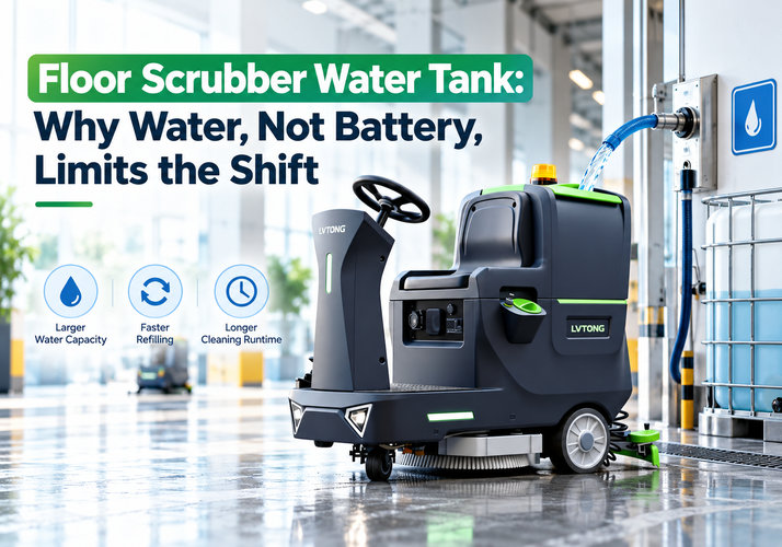 Floor Scrubber Water Tank: Why Water, Not Battery, Limits the Shift - LVTONG - LVTONG LVTONG ride-on floor scrubber beside a water refill station in a warehouse, illustrating water tank capacity and cleaning runtime