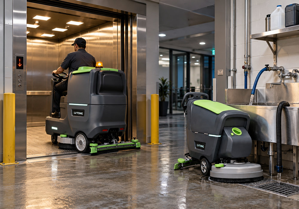 Mobilität und Wartungszugang für Industriebodenreinigungsmaschinen - LVTONG Eine LVTONG-Aufsitz-Scheuersaugmaschine fährt durch die Servicebereiche und Wartungspunkte der Anlage.