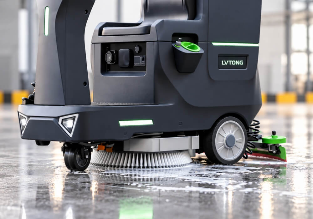 Floor Scrubber Disc Brush and Squeegee Cleaning System - LVTONG Поломоечная машина LVTONG с сиденьем для оператора, дисковой щеткой и задним скребком для очистки влажного промышленного пола.