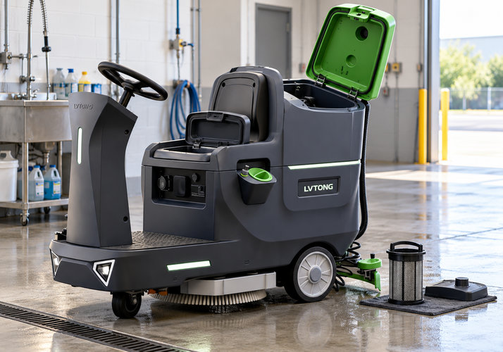 Floor Scrubber Tank Cleaning and Overnight Air-Drying Routine - LVTONG LVTONG ride-on floor scrubber with solution and recovery tank lids open for overnight drying beside a removed tank filter