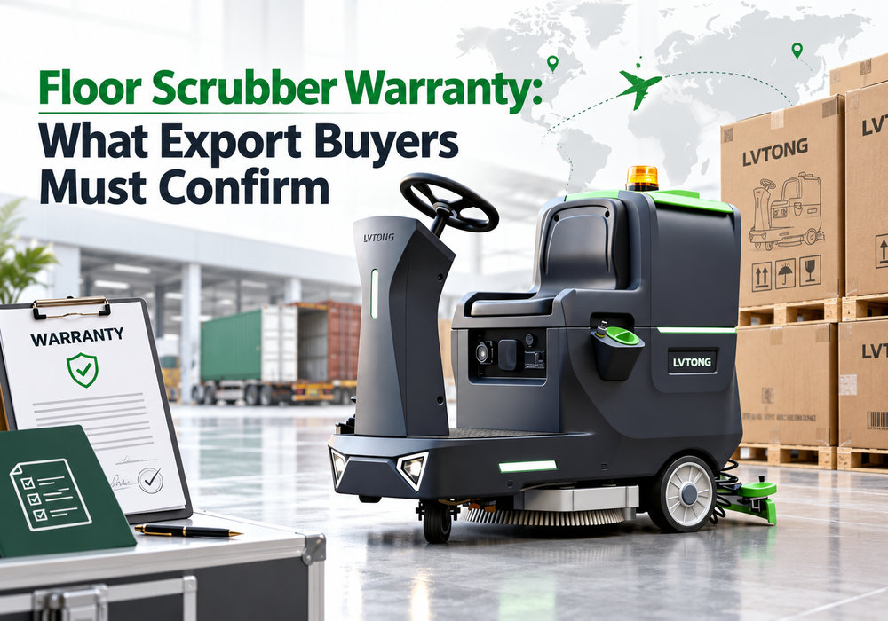 Floor Scrubber Warranty: What Export Buyers Must Confirm - LVTONG - LVTONG LVTONG ride-on floor scrubber with warranty documents and export shipping crates illustrating warranty checks for international buyers