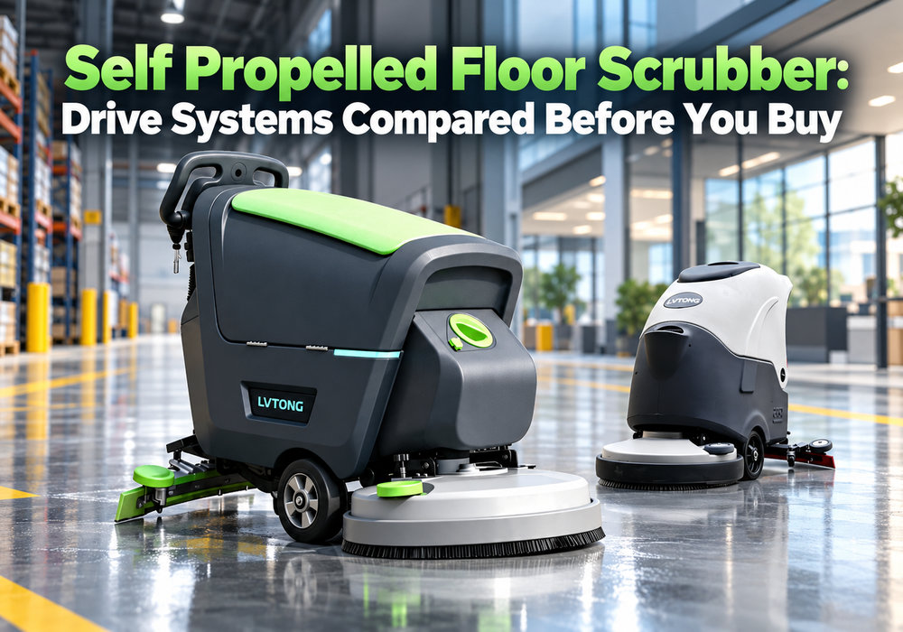 Self Propelled Floor Scrubber: Drive Systems Compared Before You Buy - LVTONG - LVTONG LVTONG self-propelled and compact floor scrubbers featured on a commercial floor scrubber drive systems comparison poster