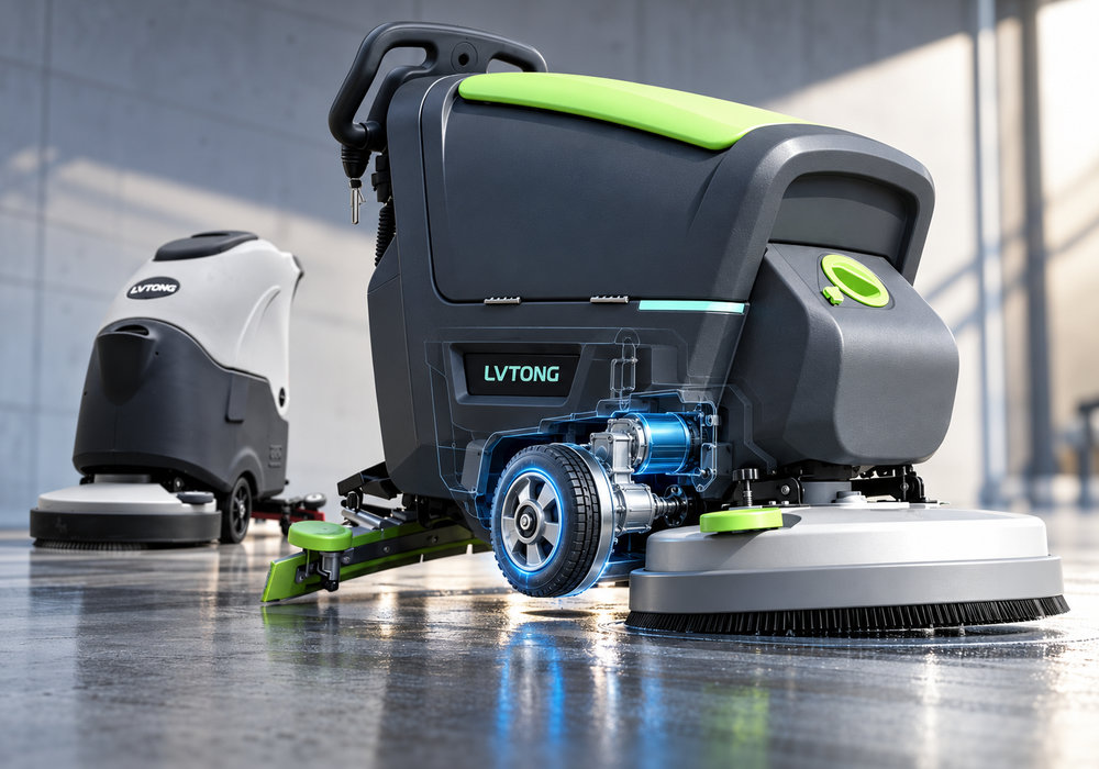 Self-Propelled Floor Scrubber Drive Motor and Traction Wheel Comparison - LVTONG LVTONG self-propelled floor scrubber with illustrated traction motor and drive wheel beside a compact scrubber