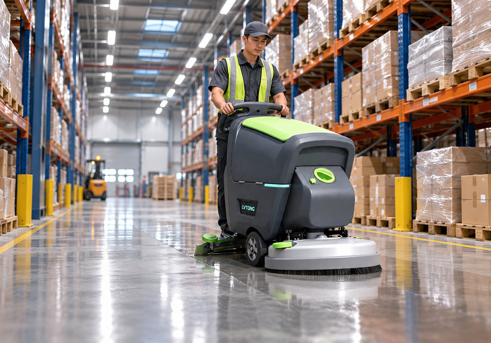 LVTONG Self-Propelled Floor Scrubber for Warehouse Cleaning - LVTONG LVTONG self-propelled walk-behind floor scrubber cleaning a long aisle between warehouse pallet racks