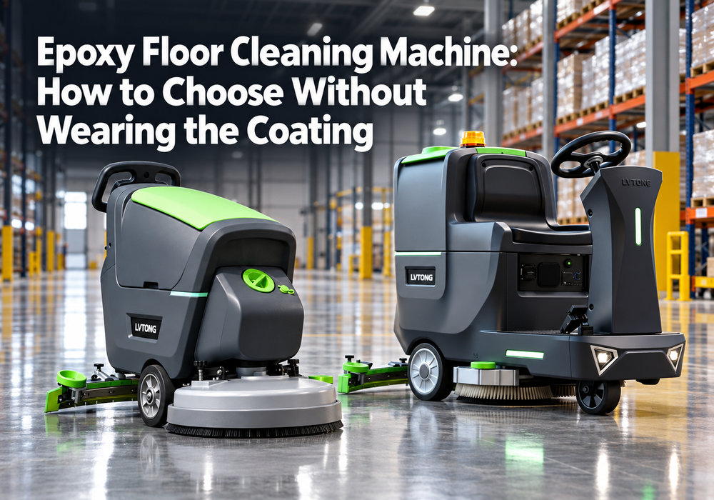 Epoxy Floor Cleaning Machine: How to Choose Without Wearing the Coating | LVTONG - LVTONG - LVTONG LVTONG walk-behind and ride-on epoxy floor cleaning machines in a warehouse with the article title