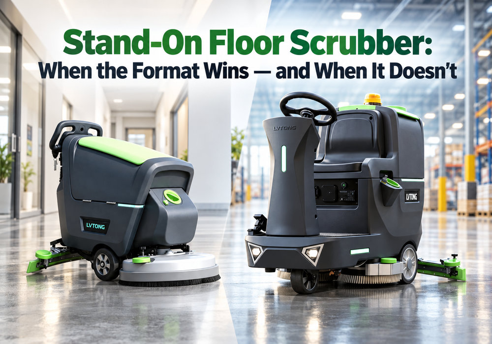 Stand-On Floor Scrubber vs Walk-Behind Scrubber | LVTONG - LVTONG - LVTONG LVTONG walk-behind and stand-on floor scrubbers compared in commercial corridors and industrial warehouse environments