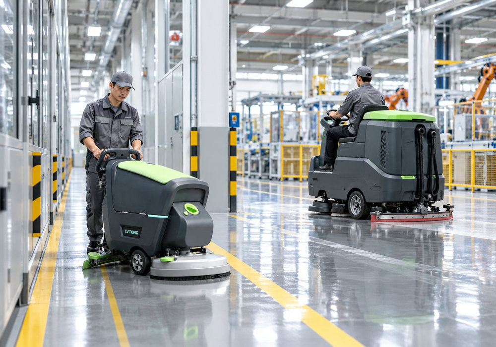 Walk-Behind and Ride-On Floor Scrubbers for Industrial Cleaning - LVTONG LVTONG walk-behind floor scrubber and ride-on floor cleaning machine working in separate factory zones