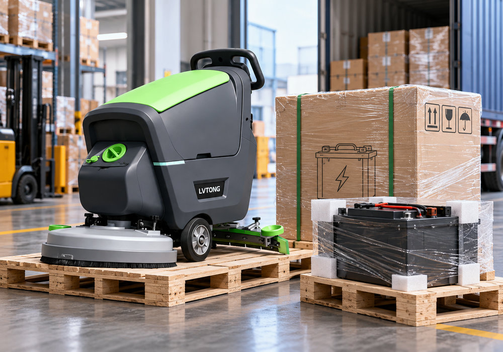 LVTONG Floor Scrubber Battery Shipping and Export Preparation - LVTONG LVTONG walk-behind floor scrubber and separately packed battery prepared on wooden pallets for international shipping
