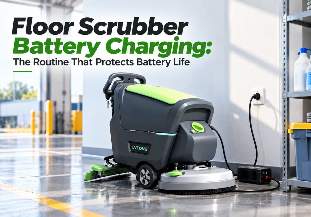 Floor Scrubber Battery Charging: The Routine That Protects Battery Life - LVTONG - LVTONG LVTONG walk-behind floor scrubber charging through a standard wall outlet and battery charger in an industrial facility