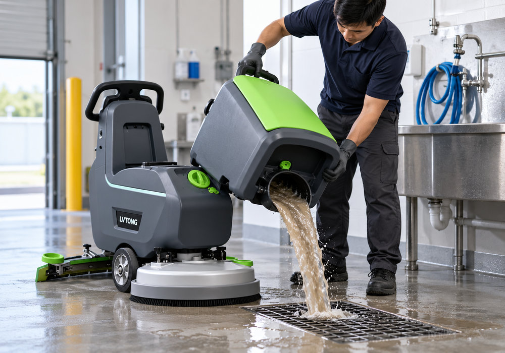 Floor Scrubber Recovery Tank Emptying and Maintenance - LVTONG Cleaning operator emptying dirty wastewater from a removable floor scrubber recovery tank into a floor drain