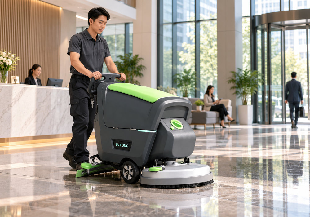 Quiet Floor Scrubber for Daytime Office Cleaning - LVTONG LVTONG walk-behind floor scrubber cleaning a commercial office lobby during business hours