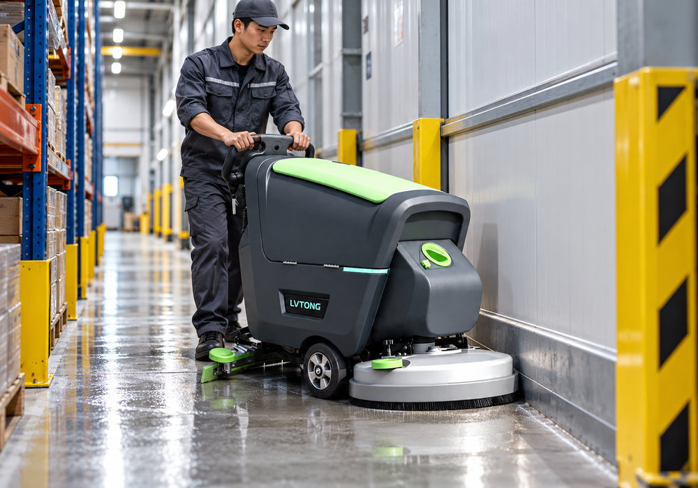 LVTONG Walk-Behind Floor Scrubber for Narrow Aisles - LVTONG LVTONG walk-behind floor scrubber cleaning a narrow warehouse aisle along the wall