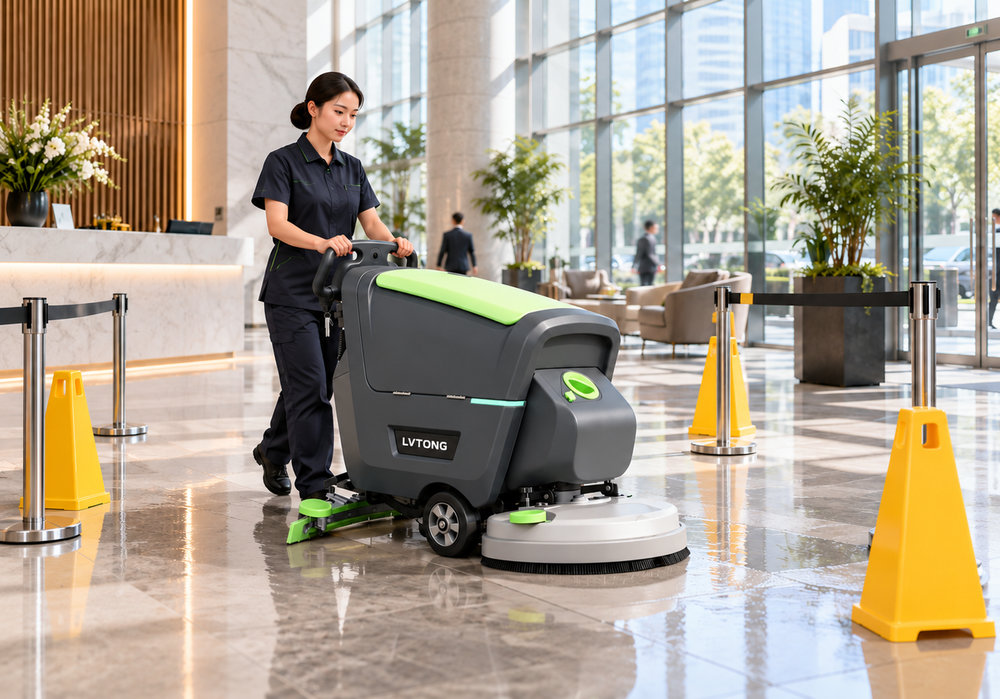 LVTONG Gewerbliche Bodenreinigungsmaschine für die Lobbyreinigung tagsüber - LVTONG Eine LVTONG-Scheuersaugmaschine reinigt eine Bürolobby mit Sicherheitsabsperrungen.