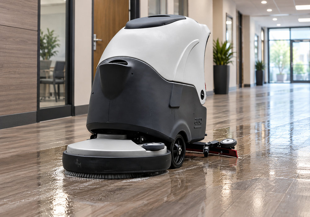 Walk-Behind Floor Scrubber for Laminate Floors - LVTONG LVTONG walk-behind floor scrubber cleaning commercial laminate flooring in an indoor corridor