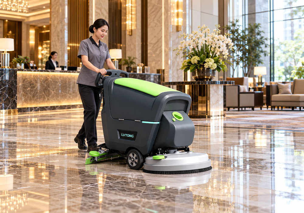 LVTONG Marble Floor Scrubber for Hotel Lobby Cleaning - LVTONG LVTONG walk-behind floor scrubber cleaning polished marble floors in a luxury hotel lobby