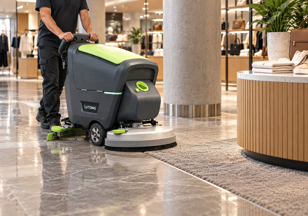 Compact Floor Scrubber for Retail Tile and Carpet Edge Cleaning - LVTONG LVTONG walk-behind floor scrubber cleaning tile beside carpet and retail display fixtures