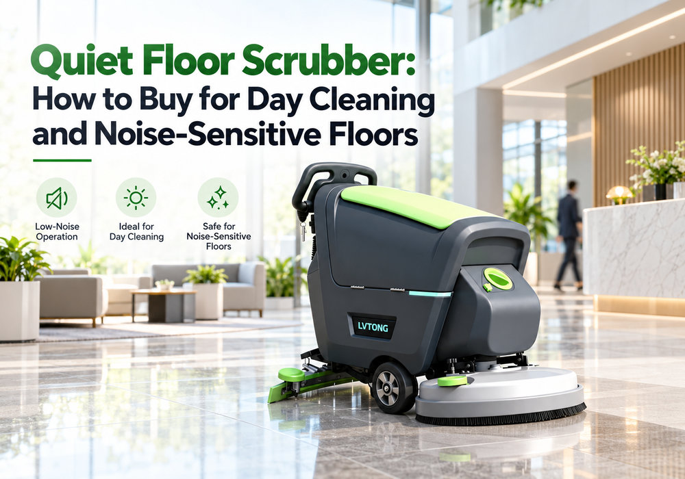 Quiet Floor Scrubber: How to Buy for Day Cleaning and Noise-Sensitive Floors - LVTONG - LVTONG LVTONG walk-behind floor scrubber in a modern commercial lobby featured in a guide to daytime and noise-sensitive cleaning