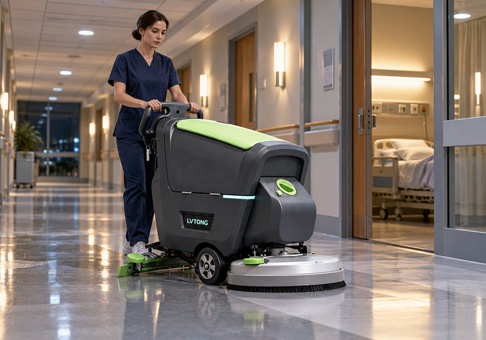 Quiet Floor Scrubber for Hospital and Healthcare Cleaning - LVTONG LVTONG walk-behind floor scrubber operated by a cleaner in a hospital corridor during a night cleaning shift