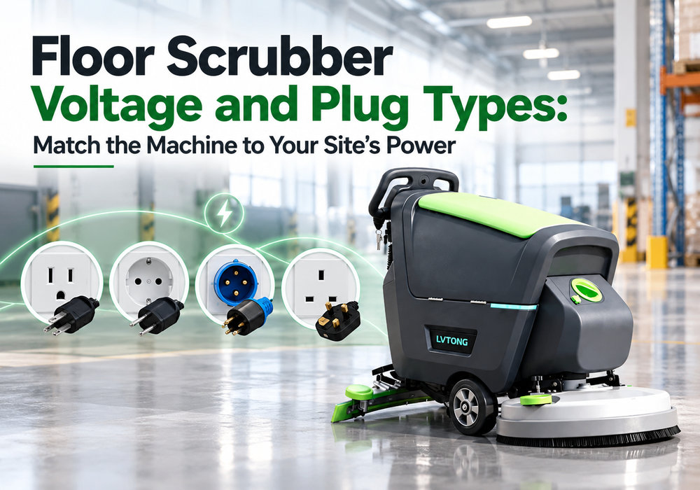 Floor Scrubber Voltage and Plug Types: Match the Machine to Your Site's Power - LVTONG - LVTONG LVTONG walk-behind floor scrubber with international power plug comparison in a commercial warehouse