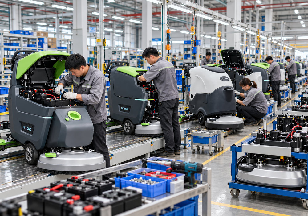 LVTONG Floor Scrubber Manufacturing and Assembly Line - LVTONG LVTONG walk-behind floor scrubbers undergoing battery installation and assembly on an industrial production line