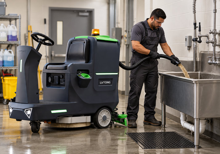 Floor Scrubber Recovery Tank Drainage and Wastewater Disposal - LVTONG Operator draining wastewater from a LVTONG ride-on floor scrubber recovery tank through a hose into an industrial service sink