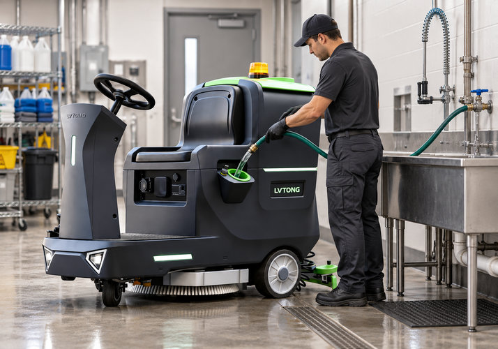 Floor Scrubber Water Tank Refill at a Service Sink - LVTONG Operator refilling a LVTONG ride-on floor scrubber solution tank with a water hose beside an industrial service sink