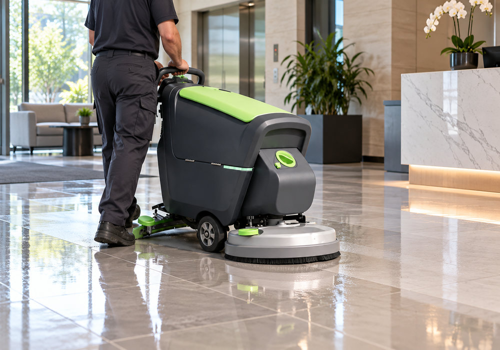 Compact Floor Scrubber for Light-Duty Cleaning - LVTONG Operator using a compact LVTONG walk-behind floor scrubber to clean a modern commercial lobby.