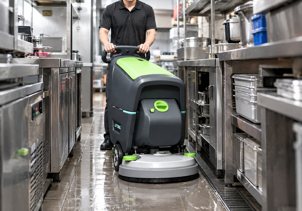 Lavadora de pisos compacta para corredores estreitos de cozinha - LVTONG Operador utilizando uma lavadora de pisos compacta em um corredor estreito de cozinha comercial, entre equipamentos de aço inoxidável.