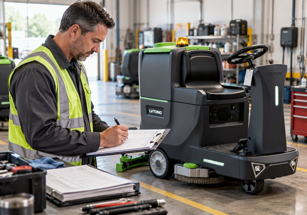Floor Scrubber Operating Hours and Maintenance Records - LVTONG Supervisor recording LVTONG floor scrubber operating hours and maintenance history in a service ledger.