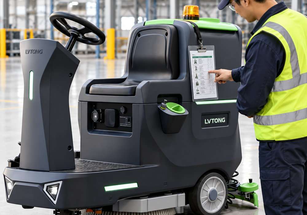 Daily Floor Scrubber Operator Checklist and Pre-Use Inspection - LVTONG Daily floor scrubber operator checklist attached to a LVTONG ride-on cleaning machine during a workplace inspection