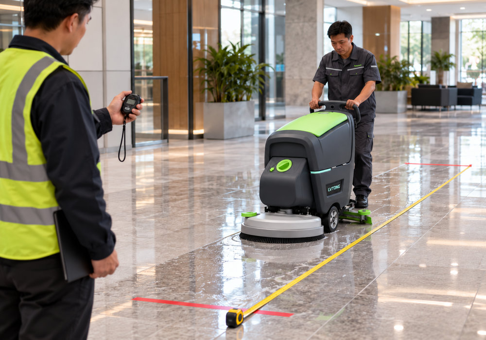 Mesure de l'efficacité et du temps de nettoyage des autolaveuses | LVTONG - LVTONG Un superviseur chronomètre le passage d'une autolaveuse LVTONG le long d'un parcours de nettoyage de sols commerciaux mesuré.
