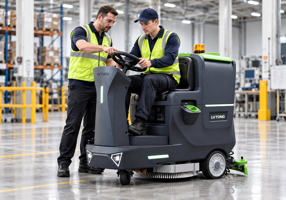 LVTONG Floor Scrubber Operator Training and Safety Guide - LVTONG Supervisor training a new operator on a LVTONG ride-on floor scrubber in an industrial warehouse