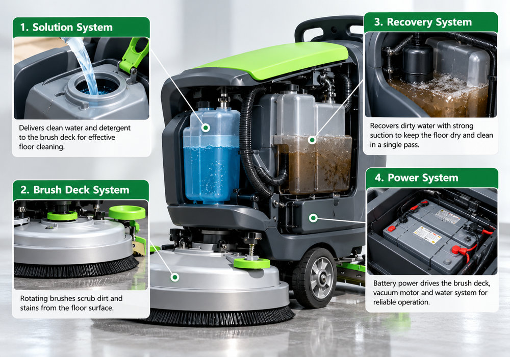 How a Floor Scrubber Works: Four Main Operating Systems - LVTONG Technical diagram of a commercial floor scrubber showing solution delivery, brush deck, wastewater recovery and battery power systems