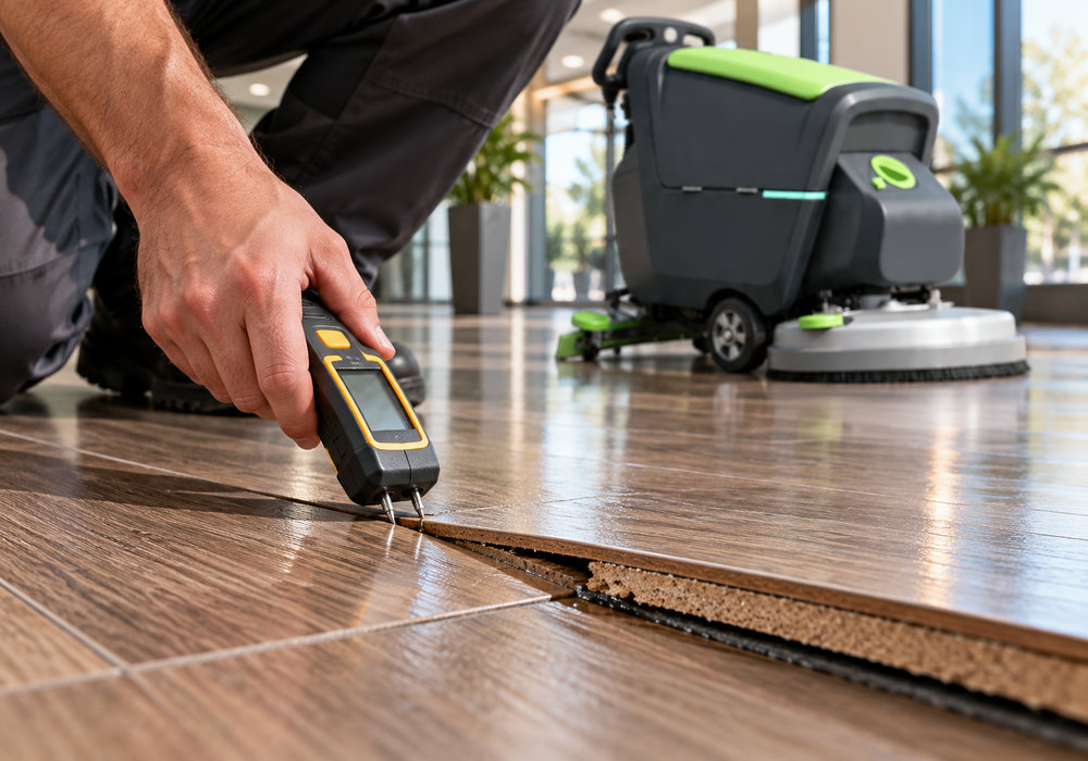 Laminate Floor Seam Moisture Inspection - LVTONG Technician checking moisture at a laminate floor seam after cleaning with a LVTONG floor scrubber