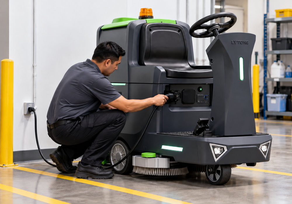 LVTONG Floor Scrubber Battery Charging and Maintenance - LVTONG Technician connecting a standard plug-in charging cable to the front-side charging port of a LVTONG ride-on floor scrubber.